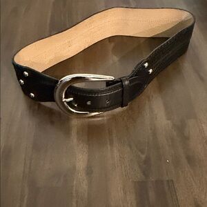 Michael Kors Black and Tan Leather Belt with Silver Buckle